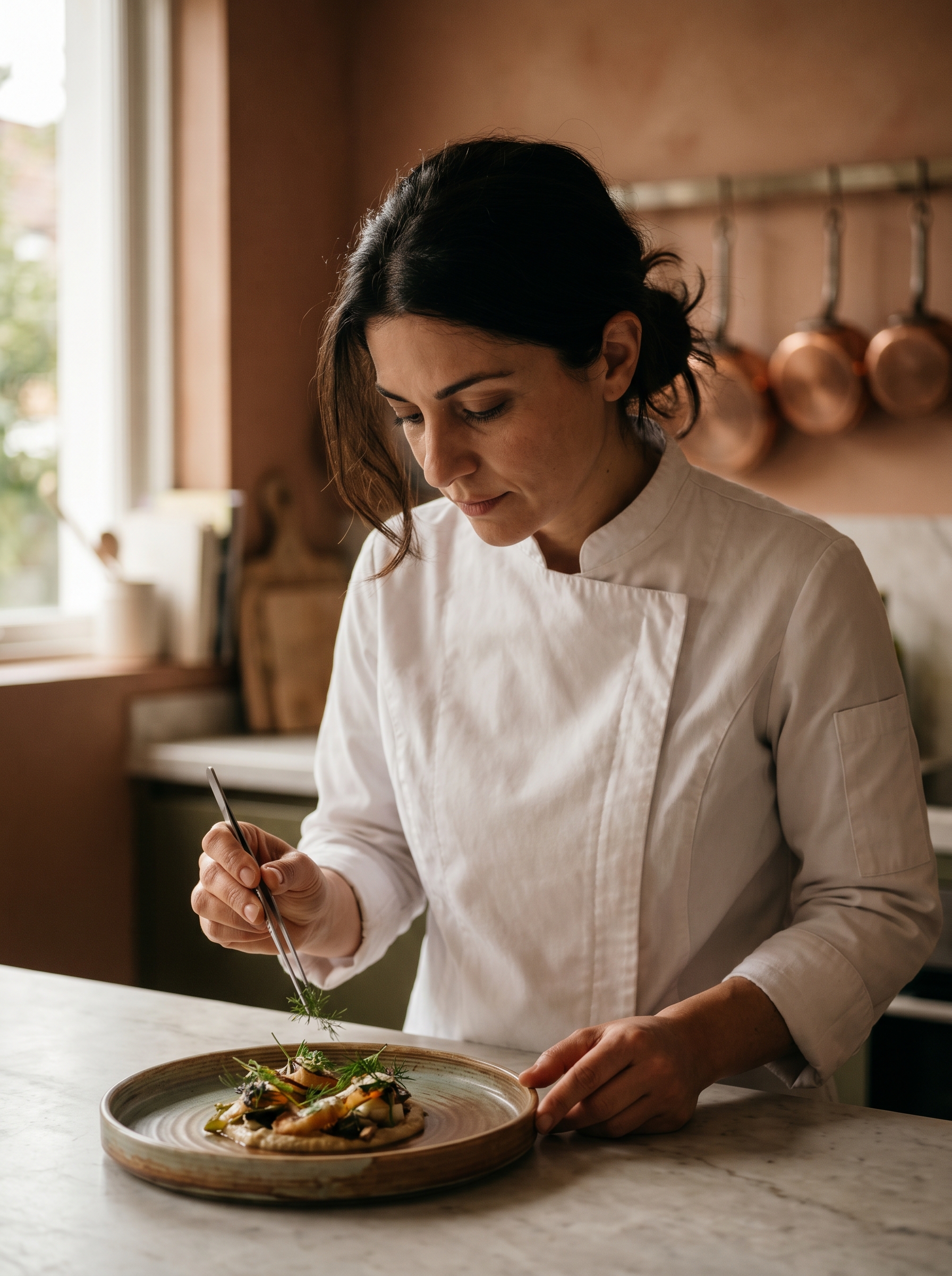 Chef Eleni Papadimitriou plating a dish in the ESTIA kitchen